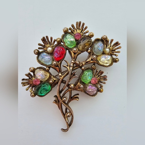 Hollycraft Jewelry - Vintage Signed HOLLYCRAFT Multi-Color Floral Thistle Spray Brooch